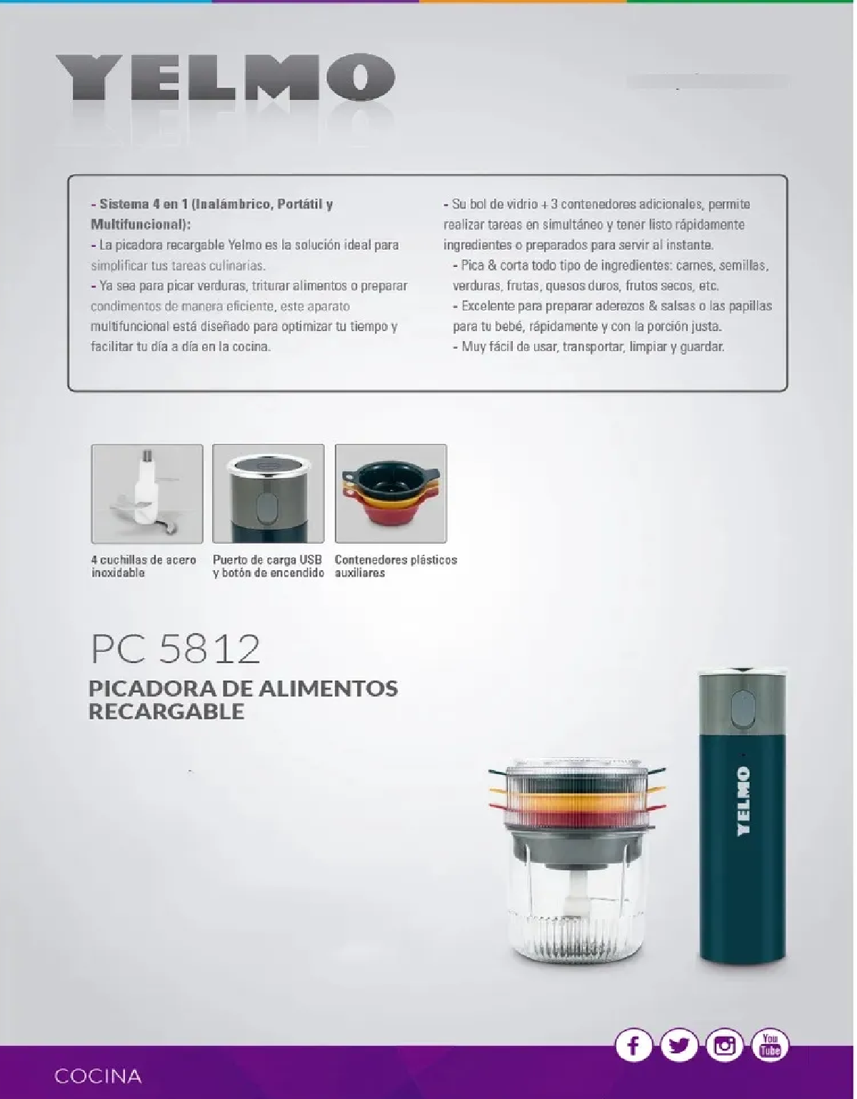 Picadora Recargable Yelmo Pc-5812 4 En 1 USB C 60w Vidrio - Imagen 7